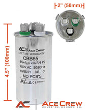 Load image into Gallery viewer, 45/5 dual run capacitor, dual run capacitor 45+5 440v, 45+5 microfarad HVAC capacitor, 45/5 capacitor, 45+5 microfarad, 45/5 round capacitor, 45/5 air conditioner part, 45+5 motor capacitor, 40+5 replacement capacitor, 40 microfarad capacitor, air conditioner capacitor 45/5 440v, 45+5 MFD, 45/5 capacitor troubleshooting, 45/5 DIY capacitor replacement, hvac unit, furnace, microfarad, volt, repair, capacitor for motors, capacitor for fans