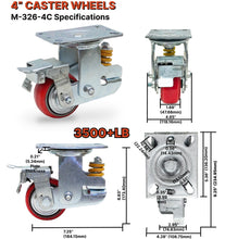 Load image into Gallery viewer, Spring Loaded Shock Absorbing Casters, Industrial Grade Polyurethane 4&quot; Wheel, Rigid, Brake Locking and Swivel Options