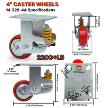 Load image into Gallery viewer, Spring Loaded Shock Absorbing Casters, Industrial Grade Polyurethane 4&quot; Wheel, Rigid, Brake Locking and Swivel Options