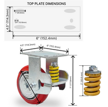 Load image into Gallery viewer, Heavy Duty Caster Wheels, industrial caster wheels, shock absorbing casters, load bearing casters, high capacity casters, spring loaded casters, floor protection casters, smooth-rolling casters, spring casters, steel casters, swivel caster, rigid caster, brake casters, material handling casters, machine casters, warehouse casters, factory casters, high load casters, caster wheel dimensions, 6&quot; caster wheel, 6 inch caster wheel, six inch caster wheels
