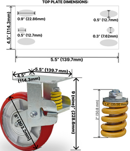 Heavy Duty Spring Shock Absorbing Caster Wheel Spring-Loaded Caster Industrial Grade Polyurethane, Wear Resistant Caster Wheels, Fixed - Swivel/Rigid- Brake Locking, Spring Shock Absorbing Design, 8" Wheel