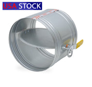 8-inch HVAC duct damper with manual adjustment handle, Round 8-inch air damper featuring manual control lever, Manual 8-inch HVAC damper with adjustable handle in open position, Galvanized steel 8-inch duct damper with side-mounted handle, 8-inch circular HVAC damper with metal manual adjustment knob