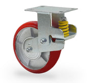 Heavy Duty Caster Wheels, industrial caster wheels, shock absorbing casters, load bearing casters, high capacity casters, spring loaded casters, floor protection casters, smooth-rolling casters, spring casters, steel casters, swivel caster, rigid caster, brake casters, material handling casters, machine casters, warehouse casters, factory casters, high load casters, 8