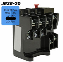Load image into Gallery viewer, JR36-20 thermal relay, circuit breaker, control system, power distribution, motor control, HVAC system, power control, electrical safety, industrial equipment, heating element, trip curve, industrial machinery, fan protection, motor protection, automation, enclosure, thermal relay with contactor, electrical engineering, electrical safety, thermal relay, thermal overcurrent protection, adjustable trip current, 32A overcurrent protection 