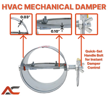 Load image into Gallery viewer, manual vent damper for controlling airflow, adjustable vent damper for HVAC systems, manual damper open and closes positions, manual vent damper installed in duct,  manual vent damper with lever and locking screw, airflow direction, regulate airflow, galvanized steel, silicone seal flap