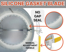 Load image into Gallery viewer, manual vent damper, vent damper, air damper, duct damper, HVAC damper, adjustable damper, flow control damper, airflow regulator, draft regulator, vent control, duct control, shut off damper, backdraft damper, easy installation, heavy duty, energy effective, silver metal manual vent damper with lever, round metal vent damper 