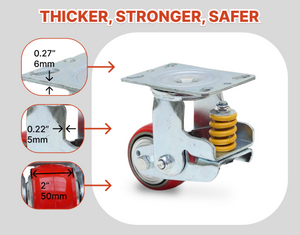 Heavy Duty Spring Shock Absorbing Caster Wheel Spring-Loaded Caster Industrial Grade Polyurethane, Wear Resistant Caster Wheels, Fixed - Swivel/Rigid- Brake Locking, Spring Shock Absorbing Design, 6" Wheel