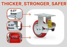 Load image into Gallery viewer, Heavy Duty Caster Wheels, industrial caster wheels, shock absorbing casters, load bearing casters, high capacity casters, spring loaded casters, floor protection casters, smooth-rolling casters, spring casters, steel casters, swivel caster, rigid caster, brake casters, material handling casters, machine casters, warehouse casters, factory casters, high load casters