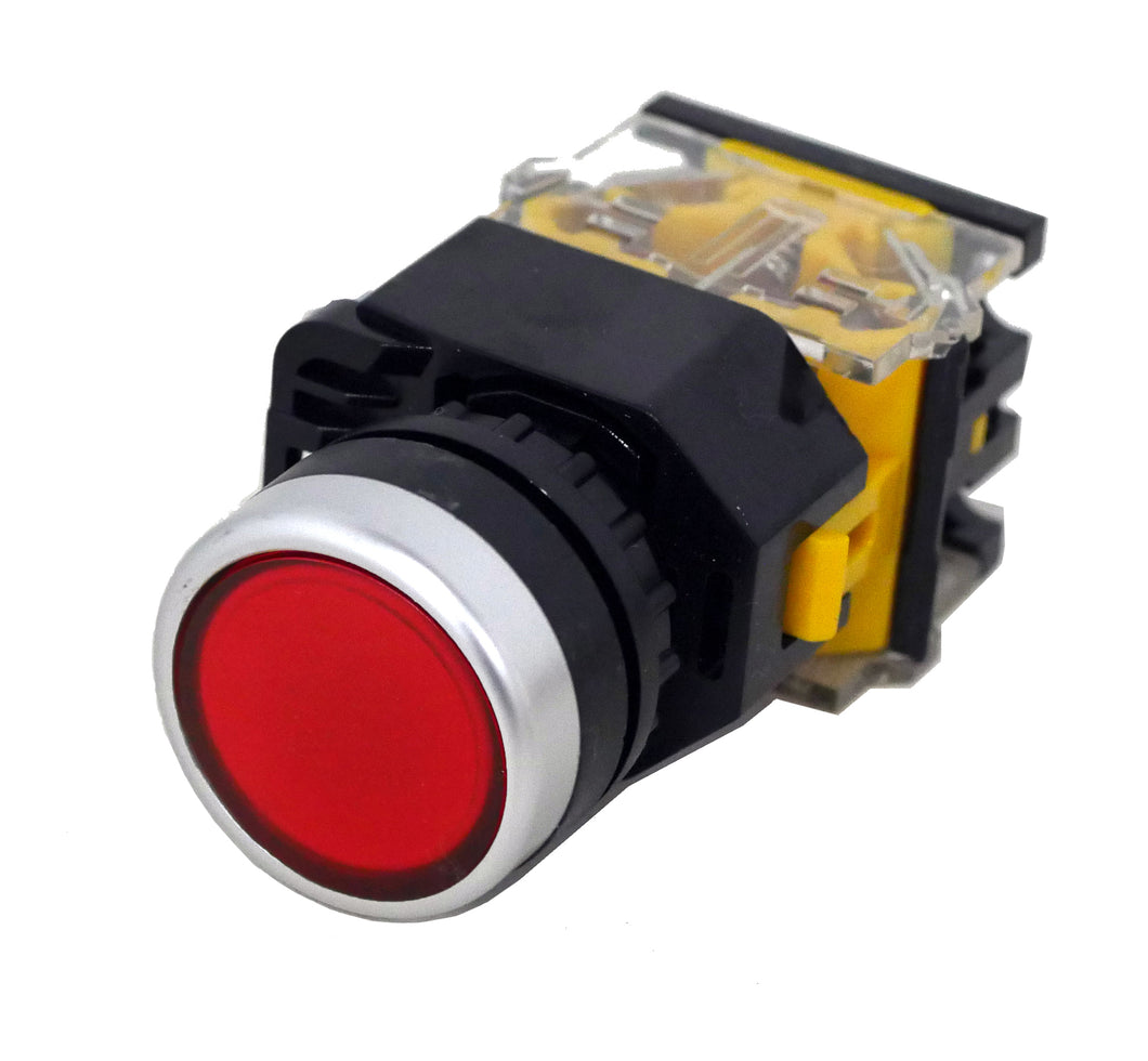 Red Momentary Push Button Switch, push button switch, ON/OFF switch, Start/stop switch, indicator light, push button, double function, double headed, dual function, momentary, machine control, electrical panels, control panels, indicator light